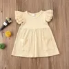 Girl Dresses Summer Girls 'Jurk Solid Color Flying Sleeve Strip Kinderraok Versie Een lijn lang casual