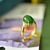 Cluster Anneaux Natural Hetian Jade Ring Gemstone Gold plaquée Gold Accessoires pour femmes bijoux de beauté