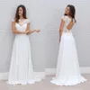 Elegant 2019 Boho Casual Beach Wedding Dresses Open Back Capped ärmar En linje Sweep Train White Spets och Chiffon Summer Bridal Clows 2898