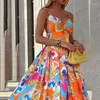 Casual Dresses One Piece Women's Dress Party Club Orange Print Suspender Split Super Long Skirt Sexy