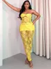 Women's Two Piece Pants WLWXR Summer Yellow Lace 2 Sets Party Club Outfits Women 2024 Sexy Hollow Out Strapless Long Top And Stretchy