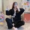 Women's Sleepwear Pajama Sets Women Simple Long Sleeves Daily Trendy Chic Fit V-neck Japanese Style Leisure Spring Soft Loose Bows