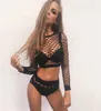 Black Hollow Out Two -Piece Set vrouwen met lange mouwen op akte tops los panty sexy fishnet plaid bodeming 2 pc's outfits 2205205042743