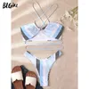 Swimwear pour femmes Blg Sexy Bikini Blue Stripe Imprime à cordon Route de maillot de bain Round Femmes Plus taille de bain