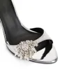 Sapas de sandálias abertas e elegantes Sabry Sandals Mulas de Steletto Hardware de metal de prata com Rhinestones Festa de Crystal Lady Walking EU35-40