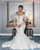 Plus -storlek kristallbröllopsklänningar rena ärmar spets pärlstav sjöjungfru brud bröllopsklänningar elegant mantel de mariee bc5570
