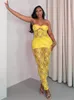 Women's Two Piece Pants WLWXR Summer Yellow Lace 2 Sets Party Club Outfits Women 2024 Sexy Hollow Out Strapless Long Top And Stretchy