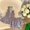 Milancel 2pcs Toddler Baby Girl Clothing Set Kids Plaid Girdling Taist Camisole Shirt and Bloomer Infant Princess Suit pour 03Y 240507