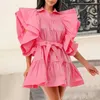 Robes plus taille Dernier design mode Plus taille Femme Summer Sexy Polo Neck Ruffle Slves A-Line Lady Elegant Shirt Robe Y240510