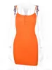 Basis Casual jurken Hugcitar Button Ribbed Strap Mini Dress For Women 2023 Zomer neon oranje kleding slanke bodycon sexy strtwear feestclub outfit y240509