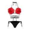 Kvinnors badkläder sexig 3d blommig mini bikini set med triangulär tvådelar vadderad thong baddräkt kvinnor baddräkt bikini baddräkt j240510