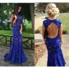 Sparkly Crystal perle Backless Lace Evening Elegant Mermaid Blue Party Pageant Robes Prom Robes Vestido de Festa Open 0510