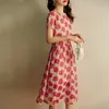 Parti Elbiseleri Boho Kırmızı Çiçek Kısa Kollu Diz Uzunluk Elbise Bayanlar 2024 Yaz Moda Yüksek Bel Tatil Plajı Vestidos De Mujer