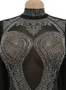 Bonnie Forest Sparkle Black Rhinestones Mesh Shift Long Sleeve Jumpsuits Women Rompers Glitter Skinny Crystal Clubwear 240510