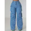 Multi Pockets Wide Leg Woman Blue Cargo Jeans Womens Vintage High Waist Baggy Denim Pants Casual Loose Trousers Streetwears 240510