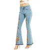 Jeans pour femmes florales brodées crêpées slim ajustement décontractée évasée pantalon large pantalon haute taille jean femme