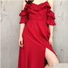 Basic casual jurken A Line y Summer Beach Red Chiffon Dress Cold Ruffles Split Maxi White Women Party Off Shoder Elegant Long Drop de Dhqja