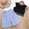 Малышка для маленьких девочек черные рукава-топы футболка жилетки свободная джинсовая костюм Cool Dance Summer Casaul одежда брюки уличная одежда