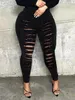 LW Mid midja High Stretchy Ripped Solid Skinny Jeans Summer Elastic Trousers Sexig Skinny Denim Pencil Pants 240510