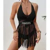 Summer Dress For Women 2024 Beach Exit Trend Sexy Crochet Braid With Hollowed Out Fringe Bikini Short Top Solid Acrylic