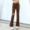 Damesjeans bruin scheurde wijd uitlopende vrouwen hoge taille casual denim broek streetwear gat broek dame vintage laars snit