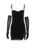 Basic Casual Dresses Hugcitar 2024 Spring Black Shine Slip Backless With Gloves Slit Sexy Bodycon Mini Prom Dress Women Fashion Outfits Party Club Y240509