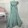 Robes de la mère de dentelle musulmane turquoise Appliques à manches longues Robes de fête de soirée A-Line Dubaï Arabe Special Occasion Formal Dres 221X