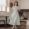 Casual jurken Franse stijl geborduurd voor vrouwen retro floral square nek elegante chiffon vestido groene zomerse sprookjesjurk