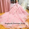 Lindo rosa quinceanera big ball bola bola aplique floral cuentas de cristal dulces 16 vestidos fiestas de cumpleaños