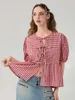 Damenblusen Binden vordere Tops für Frauen Plaid Druckeiterbabydoll Top Puffhülle Coquette süße Sommer auszugehen