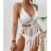 Sommerkleid für Frauen 2024 Strandausgang Trend sexy Häkelgeflecht mit gehöcherten Fransenbikini Kurztop solide Acryl