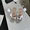 Zapatos de vestir de 11 cm Sandalias de tacón Flores blancas Mujeres 2024 Día diámetro Drinés alrededor de los tobos Tacones altos Sandalias Sandalias Mujer