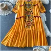 Basic Casual Dresses Vintage Chic Women Floral Embroidery Beach Boheemian Mini Dress Ladies Short Sleeve V-hals katoen en linnen Boho V DHW6T