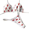 Women's Swimwear Two-piece Bikini Set Leopard Print Halter Cherry Thong Swimsuit Sexy High Waist Lace-up Bathing Suit For Women