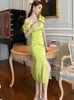 Casual klänningar 2024 sommar söt söt tjej designklänning för kvinnor koreansk satin snedstreck solid nack slip bow split sexig mantel fest prom vestido