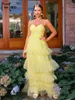 Robes décontractées Missord Elegant Yellow Long Tutu Party Robe Femmes Spaghetti Strap V Cou Neck Ruffles A-Line Prom Ball Robe