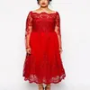 Red Full Lace Plus-size formele jurken Sheer Bateau Lange Mouw avondjurken thee Lengte A-lijn moeder van de bruid 326s