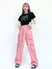 Women's Jeans Retro American Multi-pocket Belt Pink Washed Women's Spring Autumn Denim Trousers Men's Loose Straight Wide Leg Pants