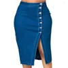 Rokken mode met eendoor met één borte splitsing open front denim wrap heup rok dames donkerblauw dagelijkse forens slimme stijl halflichaam jurken