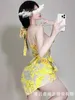 Urban Sexy Dresses 2023 Summer Womens New Beach Style Sexy Yellow Printed Battle Robe with Deep V-shaped Lace Irregular Backless Mini Dress KNWM d240510