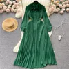 Robes décontractées verts printemps été plissée robe midi élégante collier de nœud à manches longues en mousseline de mousseline