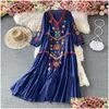 Basic Casual Dresses Vintage Chic Women Floral Embroidery Beach Boheemian Mini Dress Ladies Short Sleeve V-hals katoen en linnen Boho V DHW6T