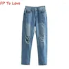 Jeans pour femmes Y2K Blue Vintage Long Streetwear Torn Embellifhed Loose 43652