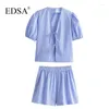 Tracksuits pour femmes Edsa Fashion Fashion Blue Plaid Shirt avec dentelles en V V et à collier haute de taille élastique sets pour Streetwear féminin décontracté
