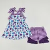 Roupas Conjuntos de roupas de listras azuis de mangas curtas de listras de mangas curtas para crianças impressão de meninas de bebê roupas de verão