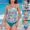 Swimwwear féminin One épaule maillot de bain à deux pièces pour les femmes à cordon floral tankini sportive de plage de plage de fête de vacances avec short