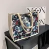 Fashion shopper tote bag horizontal printed canvas handbag woman luxury handbag canvas linen Beach big Travel shopping bag03