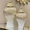Keramik Ingwer Jar Golden Stripes Dekoratives General Jar Vase Porzellan Lagertank mit Deckelhandwerk Hausdekoration Vasen 240510