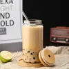 Vuelbadores de paja de vidrio 450ml 550ml de copa de cerveza en forma de lata que bebe copa de masón con tapas de bambú de agua fría bebida botella de hielo té té cóctel cago jarras de café tazas de viernes de verano