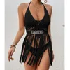 Sommerkleid für Frauen 2024 Strandausgang Trend sexy Häkelgeflecht mit gehöcherten Fransenbikini Kurztop solide Acryl